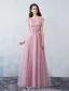 Elegant Party Dresses 2016 Applique Lace Beading Pearls Pink Tulle Long Formal Dress With Sash
