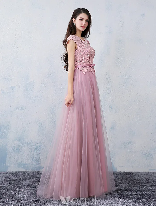 Elegant Party Dresses 2016 Applique Lace Beading Pearls Pink Tulle Long Formal Dress With Sash