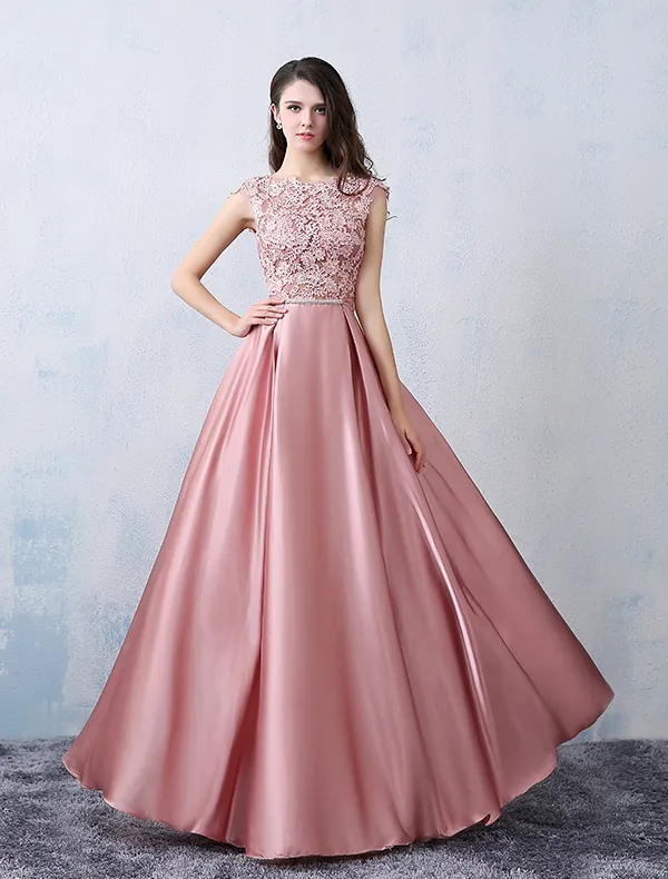 Beautiful Party Dresses 2016 Square Neckline Applique Lace Pink Satin Formal Dress With Bow-knot