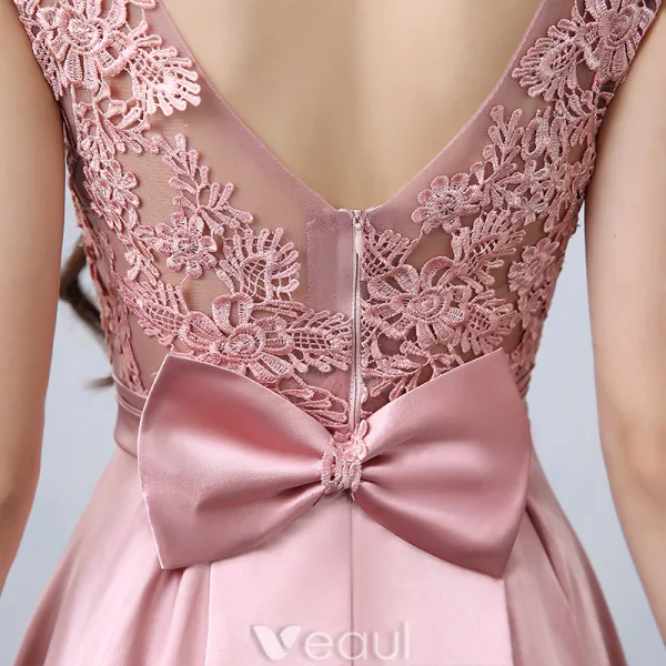 Vackra Festklänningar 2016 Kvadrat Urringning Applikationer Spets Rosa Satin Formell Klädsel Med Rosett-knut