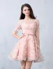 Schöne Partykleider 2016 U-ausschnitt Perle Rosa Spitzen Tüll Mit Blumen Kurzes Kleid