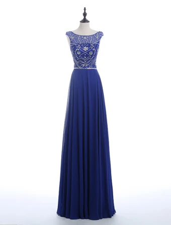 Sparkly Evening Dresses 2016 Scoop Neckline Beading Sequins Rhinestone Royal Blue Chiffon Long Backless Dress