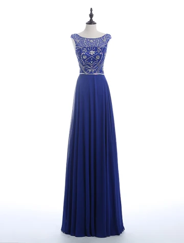 Robes De Soirée Scintillantes 2016 Paillettes Encolure De Perles Strass Longue Robe Dos Nu En Mousseline De Soie Bleu Royal