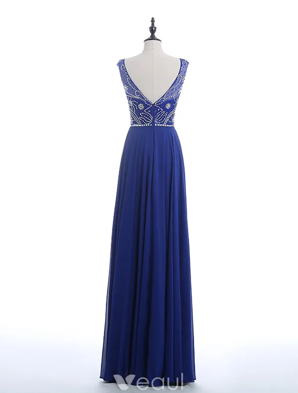 Sparkly Evening Dresses 2016 Scoop Neckline Beading Sequins Rhinestone Royal Blue Chiffon Long Backless Dress