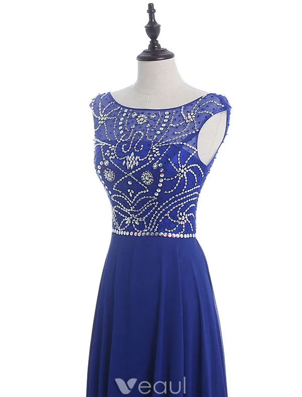 Sparkly Evening Dresses 2016 Scoop Neckline Beading Sequins Rhinestone Royal Blue Chiffon Long Backless Dress
