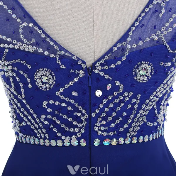 Sparkly Evening Dresses 2016 Scoop Neckline Beading Sequins Rhinestone Royal Blue Chiffon Long Backless Dress