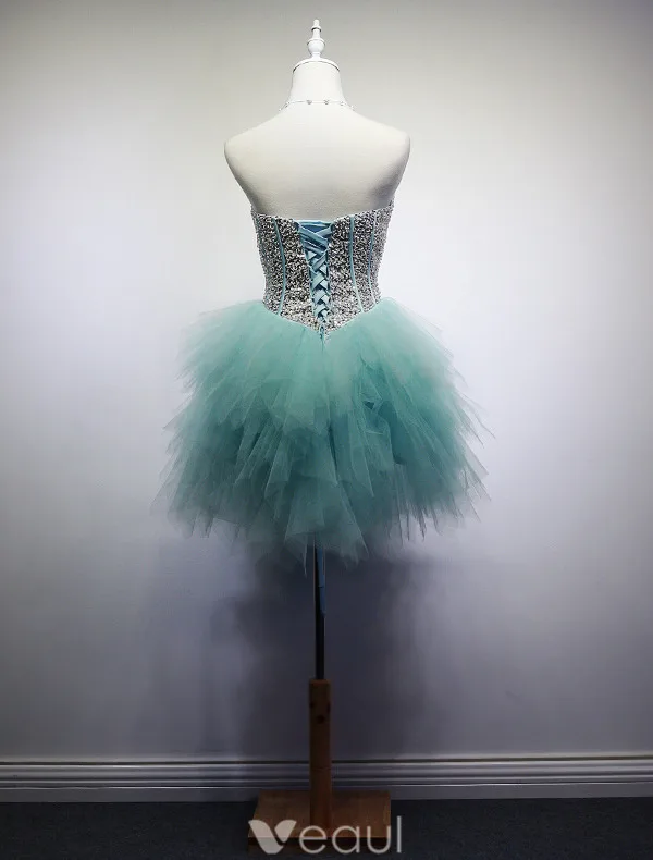 Sparkly Kjæreste Paljetter Bassenget Blå Tyll Kort Cocktailkjoler