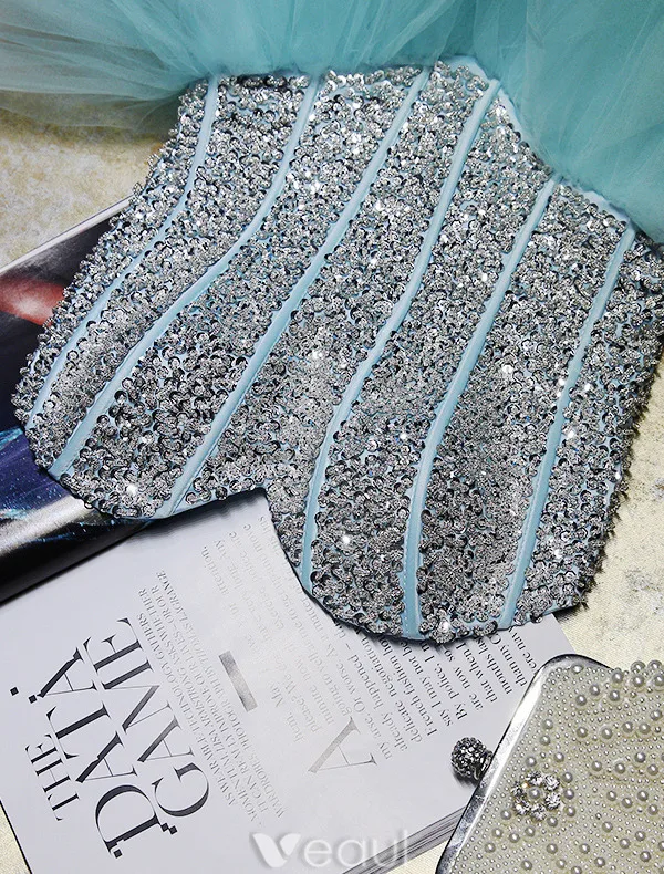 Sparkly Kjæreste Paljetter Bassenget Blå Tyll Kort Cocktailkjoler