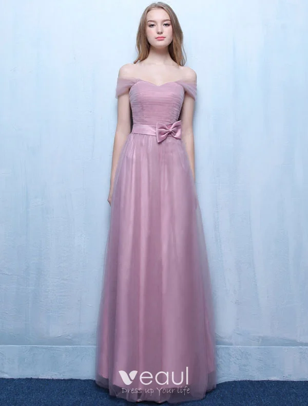 Beautiful Bridesmaid Dresses 2016 Off The Shoulder Pleated Lilac Tulle Long Wedding Party Dress