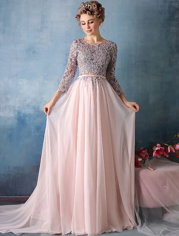 Beautiful Prom Dresses 2016  3/4 Sleeves Applique Lace With Sequins Pink Chiffon Long Evening Dress