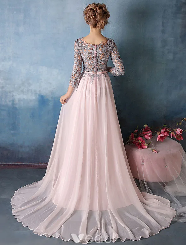 Beautiful Prom Dresses 2016 3/4 Sleeves Applique Lace With Sequins Pink Chiffon Long Evening Dress Beautiful Prom Dresses 2016 3/4 Sleeves Applique Lace With Sequins Pink Chiffon Long Evening Dress