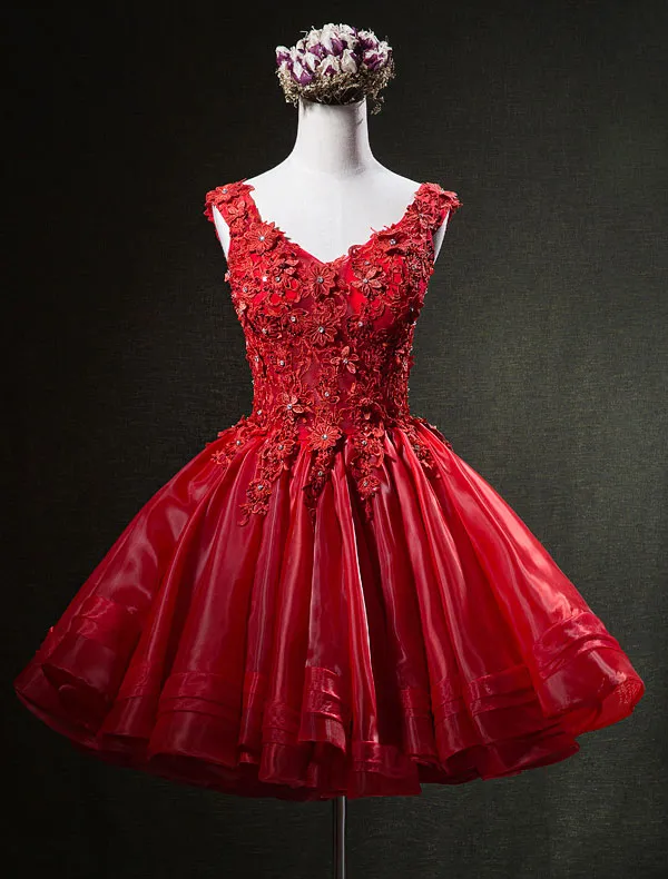 Wspaniałe Czerwone Sukienki I Zabawy 2016 Aplikacja Koronki Serek Krótki Organzy Sukienka Koktajlowa