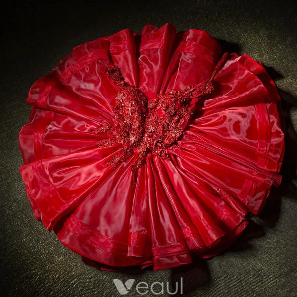 Magnifiques Robes Rouges Du Parti 2016 Applique De Dentelle V-cou Robe De Cocktail Courte En Organza