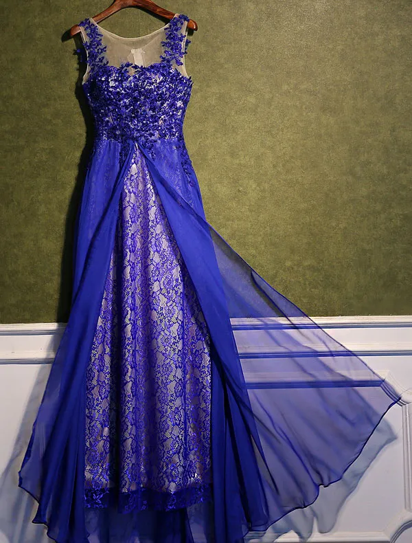 Schöne Partykleider 2016 U-ausschnitt Royalblau Spitzen Chiffon Langen Abendkleid