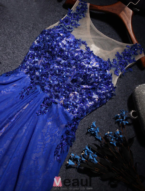 Beautiful Party Dresses 2016 Scoop Neckline Royal Blue Lace Chiffon Long Evening Dress