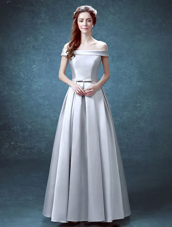 Einfache Abendkleider 2016 Quadratischen Ausschnitt Rüsche Silbersatin Formales Kleid