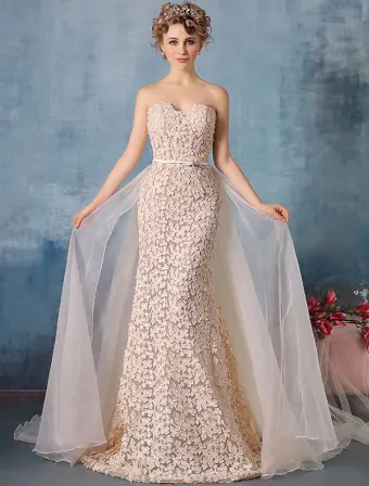 Glamoureuze Avondjurken 2016 Strapless Champagne Kant Avondjurk Met Organza Tailing