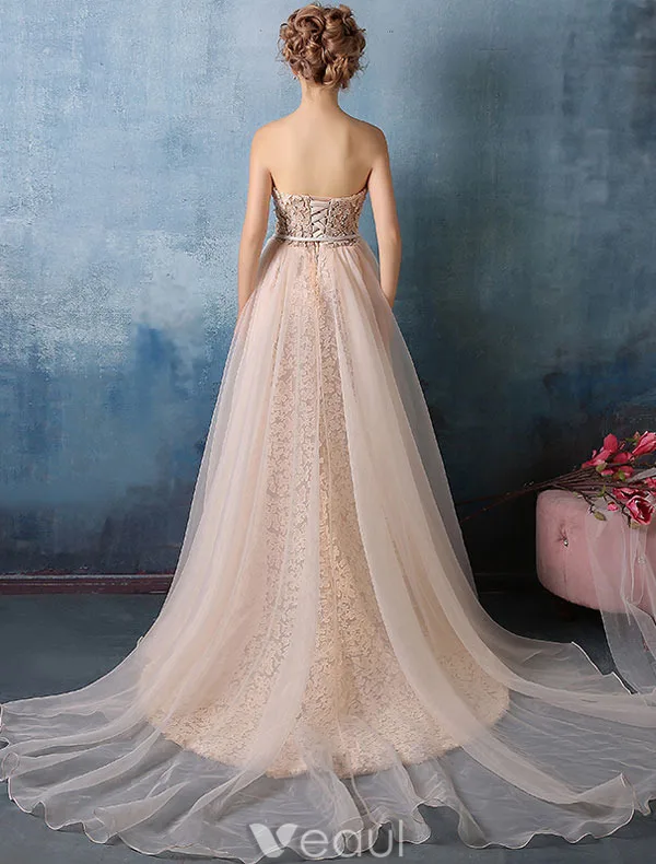 Glamourösen Abendkleider 2016 Trägerlose Champagner Spitze Abendkleid Mit Organza-tailing