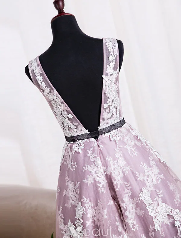 Elegant Party Dresses 2016 Scoop Neckline Tea Length Applique Lace Lilac Tulle Backless Formal Dress