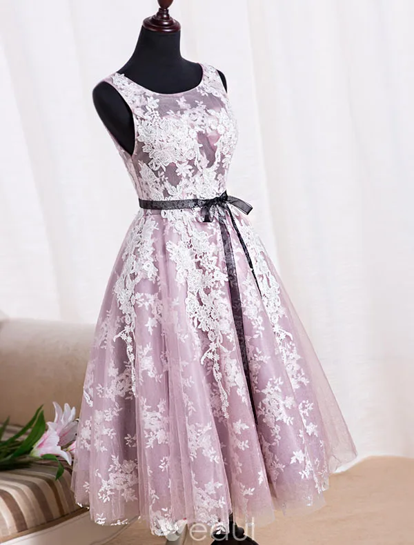 Elegant Party Dresses 2016 Scoop Neckline Tea Length Applique Lace Lilac Tulle Backless Formal Dress