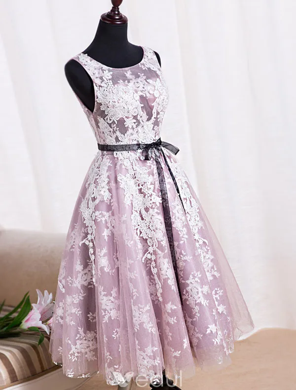 Elegant Party Dresses 2016 Scoop Neckline Tea Length Applique Lace Lilac Tulle Backless Formal Dress