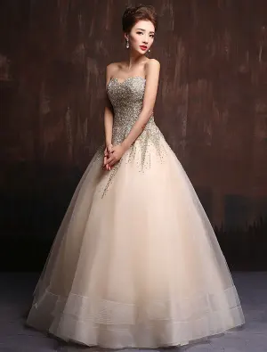 Glitter Kjæreste Beading Paljetter Champagne Organza Gulv Lengde Lang Ballkjoler