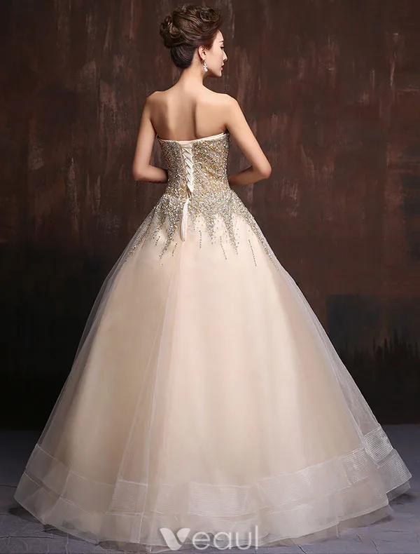 Glitter Kjæreste Beading Paljetter Champagne Organza Gulv Lengde Lang Ballkjoler