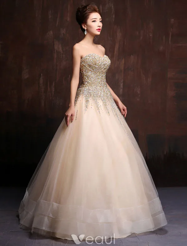 Glitter Kjæreste Beading Paljetter Champagne Organza Gulv Lengde Lang Ballkjoler