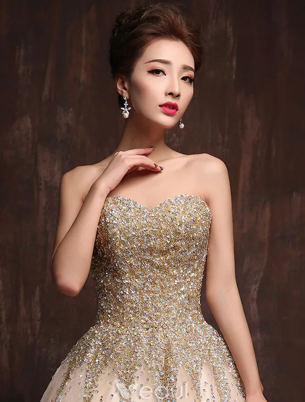 Glitter Kjæreste Beading Paljetter Champagne Organza Gulv Lengde Lang Ballkjoler