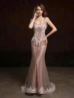 2016 Lyxiga V Ringad Beading Strass Applikations Spets Blomma Champagne Organza Lång Aftonklänning