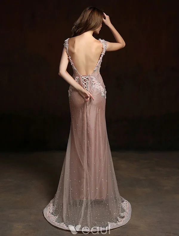 2016 Lyxiga V-ringad Beading Strass Applikations Spets Blomma Champagne Organza Lång Aftonklänning