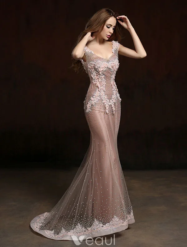 2016 Lyxiga V-ringad Beading Strass Applikations Spets Blomma Champagne Organza Lång Aftonklänning