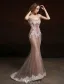 2016 Lyxiga V-ringad Beading Strass Applikations Spets Blomma Champagne Organza Lång Aftonklänning