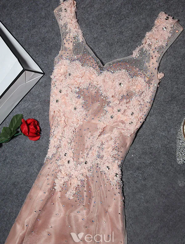 2016 Lyxiga V-ringad Beading Strass Applikations Spets Blomma Champagne Organza Lång Aftonklänning