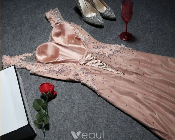 2016 Lyxiga V-ringad Beading Strass Applikations Spets Blomma Champagne Organza Lång Aftonklänning