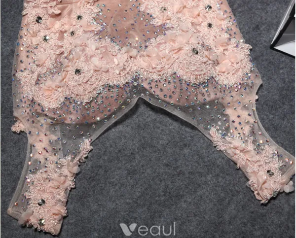 2016 Lyxiga V-ringad Beading Strass Applikations Spets Blomma Champagne Organza Lång Aftonklänning