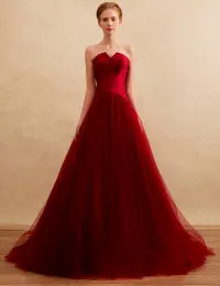 Einfache Ballkleider 2016 Trägerlosen Backless Burgunder Tüll Lang Ballkleid