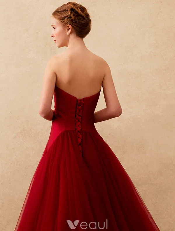 Simple Prom Dresses 2016 Strapless Backless Burgundy Tulle Long Prom Dress