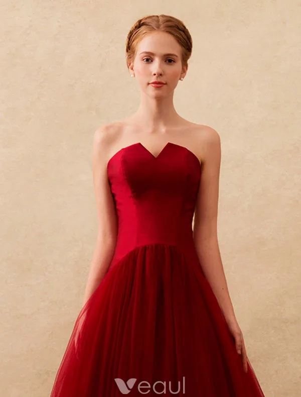 Simple Prom Dresses 2016 Strapless Backless Burgundy Tulle Long Prom Dress