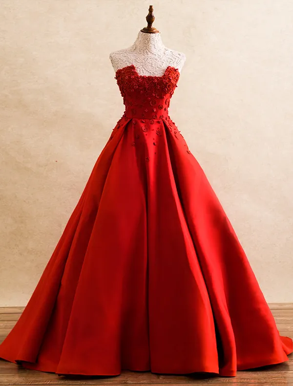 Beautiful Evening Dresses 2016 Unique Neckline Applique Flowers Ruffle Red Satin Prom Dress