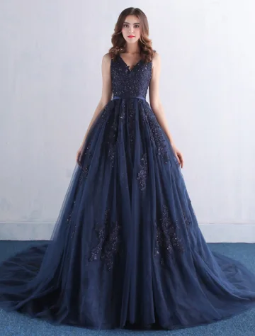 Élégante Robe De Bal 2016 V Cou Applique De Dentelle De Paillettes Marine Tulle Bleu Robe Longue
