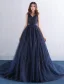 Élégante Robe De Bal 2016 V-cou Applique De Dentelle De Paillettes Marine Tulle Bleu Robe Longue
