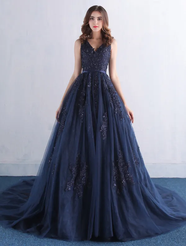 Elegant Prom Dresses 2016 V-neck Applique Lace With Sequins Navy Blue Tulle Long Dress