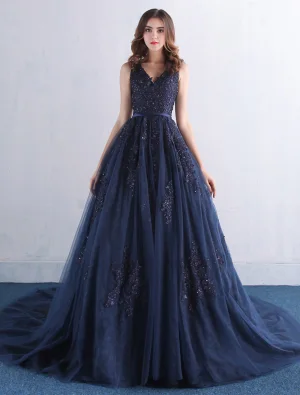 Elegantes Vestidos De Gala 2016 V Cuello De Encaje Apliques Con Vestido Largo De Tul Azul Marino Lentejuelas