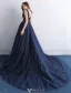 Élégante Robe De Bal 2016 V-cou Applique De Dentelle De Paillettes Marine Tulle Bleu Robe Longue