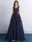 Élégante Robe De Bal 2016 V-cou Applique De Dentelle De Paillettes Marine Tulle Bleu Robe Longue