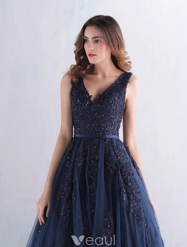 Elegant Prom Dresses 2016 V-neck Applique Lace With Sequins Navy Blue Tulle Long Dress Elegant Prom Dresses 2016 V-neck Applique Lace With Sequins Navy Blue Tulle Long Dress