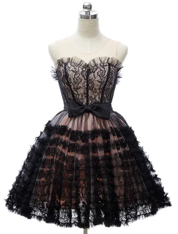 Beautiful Little Black Dresses 2016 Sweetheart Cascading Ruffles Tulle With Lace Short Cocktail Dress With Bow Knot