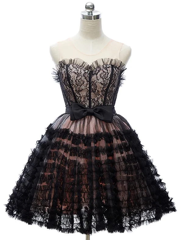 Beautiful Little Black Dresses 2016 Sweetheart Cascading Ruffles Tulle With Lace Short Cocktail Dress With Bow-knot