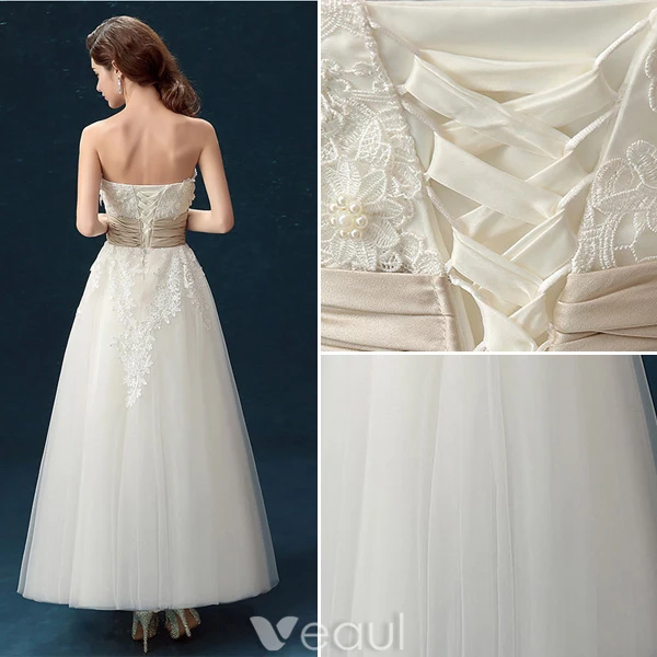 Klassieke Strapless Applique Kant Bloemen Enkellange Ivoor Trouwjurk